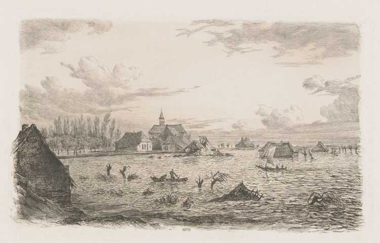 'Watersnood te Kessel'. Een prent van George Andries Roth in de serie 'De Waterramp van 1855. Geschetst in 24 afbeeldingen, naar de natuur geteekend en geëtst door leden der Maatschappij Arti et Amicitiae'. (Bron: 1855, Rijksmuseum)