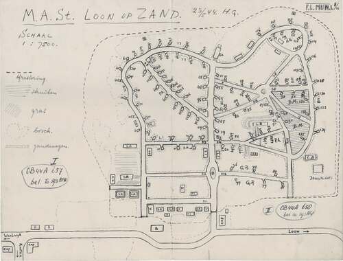 Verzetskaart van de MASt. (Bron: Rapporten met getekende kaarten, schetsen en (code)berichten betreffende verdedigingswerken, Duitse troepenbewegingen en dergelijke in bezet Nederland, samengesteld uit door de groep Albrecht verzamelde gegevens., 1943-1947, NIOD, Archief 190a, Groep Albrecht, invoernummer 23).
