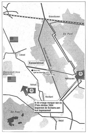 Schets van de Duitse aanval op 27 oktober 1944 met de locatie van het huis van Sjef en Doortje. (Bron: Rijnders, Liessel brandt)