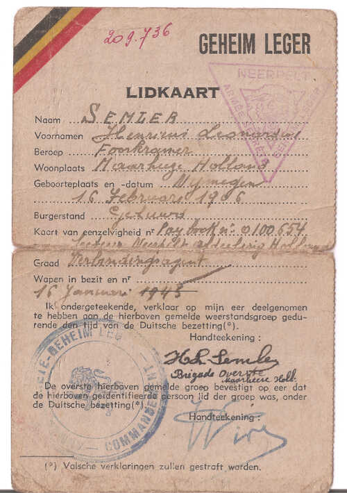 Lidkaart van Harrie Semler als Brigade Overste te Maarheeze van het Belgische Geheim Leger in de graad van verbindingsagent. (Bron: Particuliere collectie)