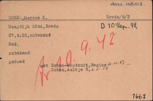 Voorkant van de kaart van de Joodse Raad voor Marcus Cohen. (Bron: Arolsen Archives, september 1940)