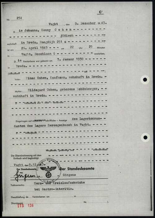 Document uit het overlijdensregister van Kamp Vught van het vijfjarige meisje Johanna Henny Cohen. (Bron: Arolsen Archives, april 1943)