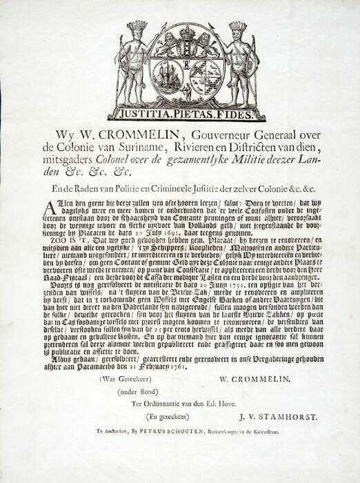 Een gedrukte regeringsaankondiging uit 1761, afgegeven door Wigbold Crommelin als Gouverneur Generaal van Suriname. (Bron: Collectie Wereldmuseum)