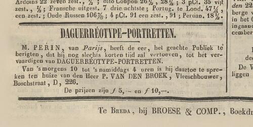 Uitsnede van de Bredasche Courant met een advertentie van M. Perin voor zijn daguerreotype-portretten. (Bron: Bredasche Courant, Delpher, 12 mei 1844)