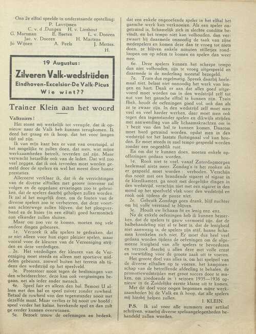 De eerste bijdrage van Ignacz Klein voor het clubblad De Valkenier, van voetbalvereniging De Valk. (Bron: Archief voetbalvereniging De Valk, 1935)