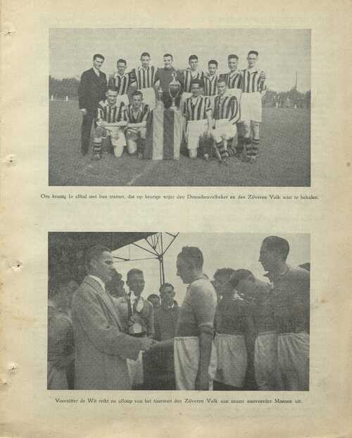 Pagina met twee foto's uit het clubblad De Valkenier van voetbalvereniging De Valk. Het team staat trots op de foto met twee gewonnen bekers. (Bron: Archief voetbalvereniging De Valk, 1936)